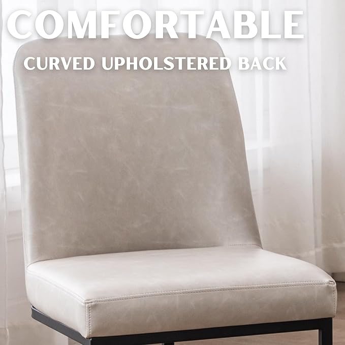 Grey PU Leather Dining Chairs Set of 6 Mid Century Modern Comfortable Dining Room Chair with Curved Backrest, Upholstered Kitchen Side Chairs with Black Metal Legs