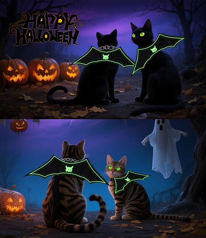 Glow in The Dark Bat Wings Pet Costume, Cat Bat Wings for Halloween Party Decoration, Light Up Pet Collar Leads Cosplay Bat Costume, Cute Puppy Cat Dog Dress Up Accessories ﻿