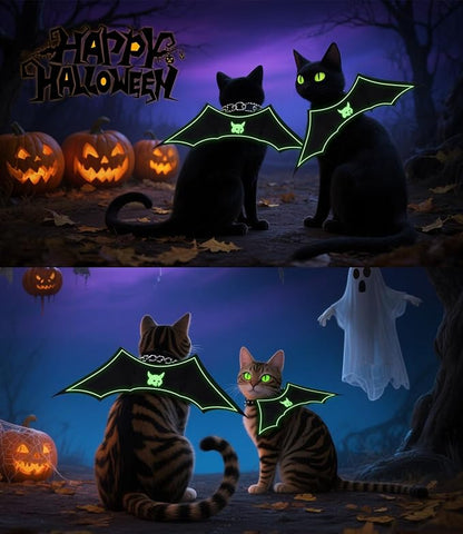 Glow in The Dark Bat Wings Pet Costume, Cat Bat Wings for Halloween Party Decoration, Light Up Pet Collar Leads Cosplay Bat Costume, Cute Puppy Cat Dog Dress Up Accessories ﻿