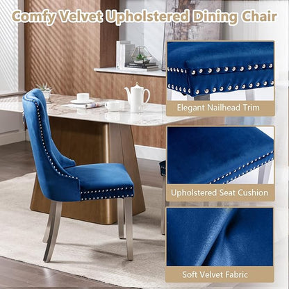 Goujxcy 7 Piece Glass Dining Table Set Modern Glass Dining Table Set for 6, 61" Rectangular Silver Kitchen Table and 6 Velvet Upholstered Chairs, Silver Table & Blue Chair