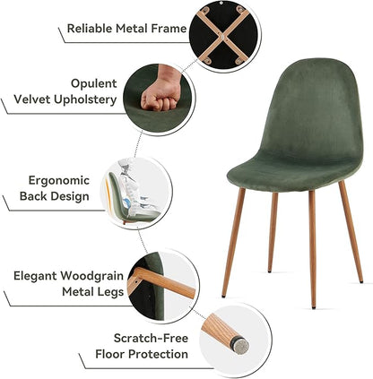 Howtek Mid-Century Modern Dining Chairs Set of 4, Green Velvet Upholstered Kitchen Side Chairs with Backrest & Metal Legs for Dining Room, Living Room, Restaurant