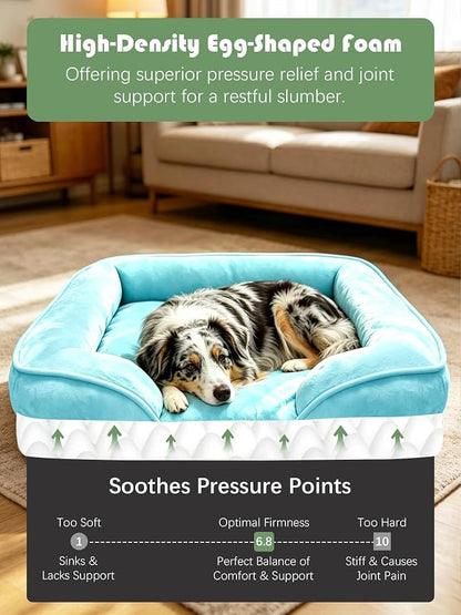 Spotted Play Orthopedic Dog Bed with Sides - Sofa Beds for Large Dogs, Supportive Foam Pet Couch Bed with Washable Removable Cover, Waterproof Lining and Non-Slip Bottom, Ice Blue - L