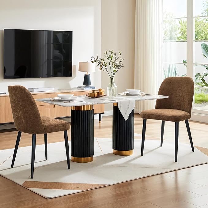 Upholstered Dining Chairs Set of 2, Mid Century Modern Fabric Dining Room Chair High-Back Padded Kitchen Chairs with Padded Seat and Metal Legs for Kitchen Dining Room Restaurant Cafe, Brown