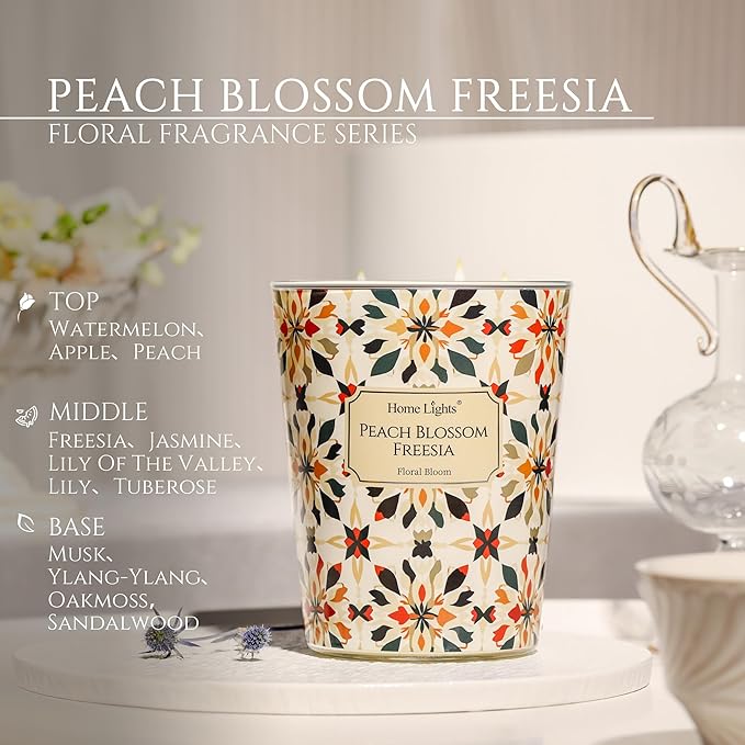HomeLights 3-Wick Candles for Home Scented - 34oz Soy Wax Blend Candle Long-Lasting Fragrance, Bohemian Natural Textures Home Decor and Housewarming Gifts, Peach Blossom Freesia