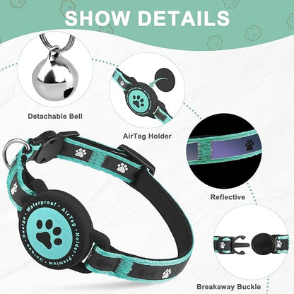 Airtag Cat Collar Breakaway, Reflective Cat Collar with AirTag Holder and Bell, Compatible with Apple Air Tag, Comfortable Padding, Adjustable, Durable (Turquoise, XS)