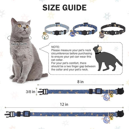 3 Pack Breakaway Cat Collars with Bell- Moon and Stars Pendant Cat Collar for Girl Boy Cats with Safety Buckle- Cute Kitten Collar Adjustable 8"-12" for Kitty Puppy Small Pets