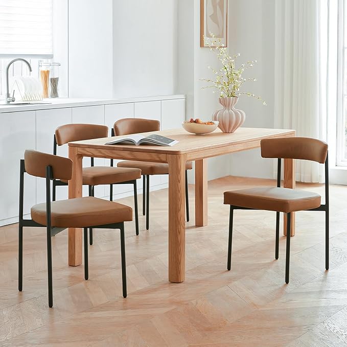 Brown Faux Leather Dining Chairs Set of 4, Armless Upholstered Kitchen Chair,Modern Dining Room Chair with Curved Backrest
