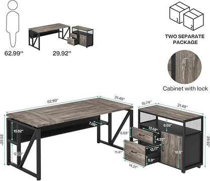 Tribesigns 63" Executive Desk with Reversible File Cabinet, Large L-Shaped Office Desk with Drawers, Business Furniture Workstation for Home Office (Dark Oak, 63-inch)