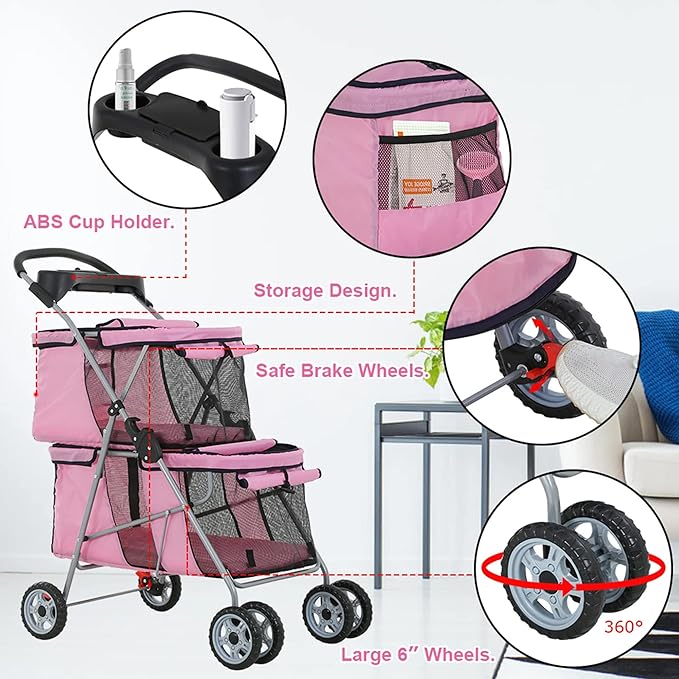 Double Layer Dog Stroller for 2 Small Dogs/Cats, 4 Wheels Pet Jogger With Removable Liner, Storage Basket, Rear Wheel Break - Folding Double Decker Portable Crate
