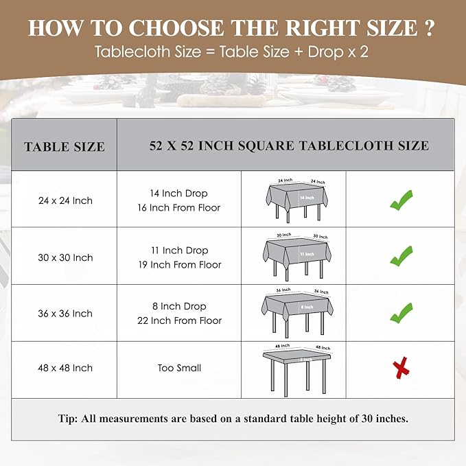 Square Tablecloth 52 x 52 Inch White 2 Pack Tablecloths Stain-Wrinkle Resistant Washable Polyester Table Cloths for Holiday, Buffet Parties, and Weddinge