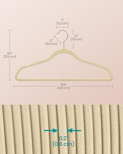 SONGMICS Velvet Hangers 100 Pack, Non-Slip Clothes Hangers with Silver-Colored Swivel Hooks, Slim Space-Saving for Closet, Heavy-Duty, Summer Sand UCRF026LF02S