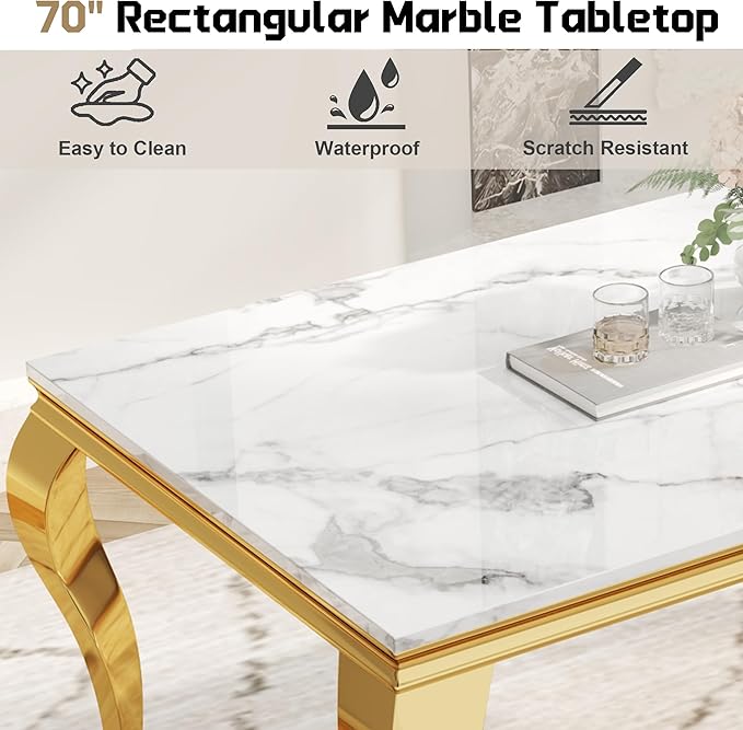 7-Piece Dining Table Set for 6, Faux Marble Dining Table Set with 70'' Marble Dinner Table and 6 Velvet Wing Back Chairs for Kitchen, Dining Room, Gray & Gold