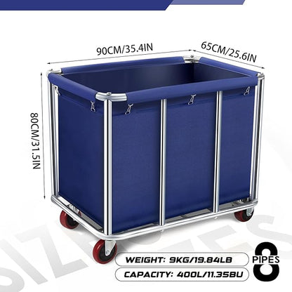 Commercial Laundry Cart with Wheels, 11.35 Bushel Large Laundry Tumbler with Removable Waterproof Canvas Lined Basket, Heavy Duty Stainless Steel Laundry Basket for Hotels and Hospitals