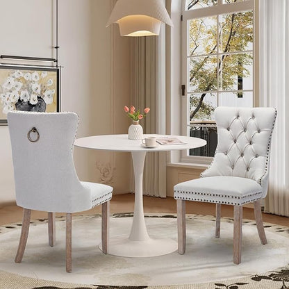 SoarFlash Kitchen Table and Chairs for 2, 31.5" Dining Table Set for 2 with Linen Upholstered Chairs, 3 Piece Round Kitchen Table Set, Dining Room Table Set for Small Space, Apartment, Beige/White