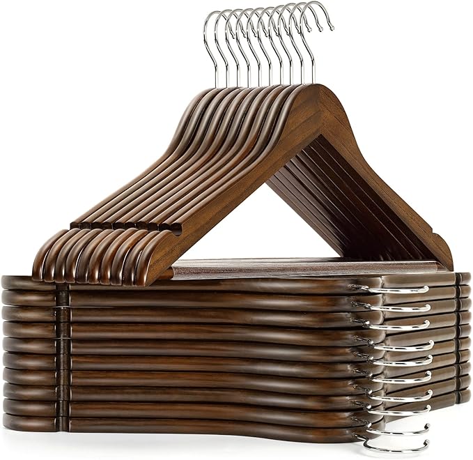 Amber Home 20 Pack Vintage Wooden Coat Hangers, Walunt Wood Suit Hangers with Non Slip Pant Bar, Clothes Hangers for Shirts, Jackets, Dress, Pant (Retro, 20)