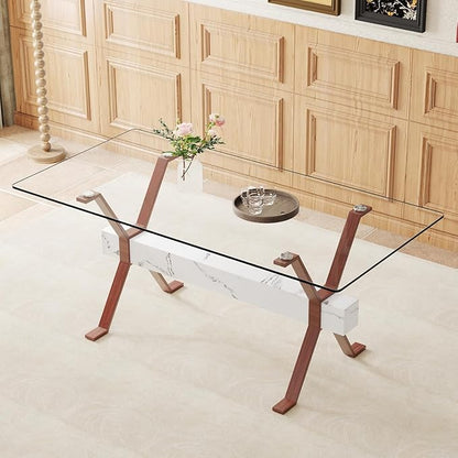 Glass Dining Table 71"｜Modern Dining Table for 6｜0.4" Thick Tempered Glass Top｜Walnut Pattern Metal Legs｜Marble Crossbar｜Easy Assembly｜Perfect for Dining Room or Kitchen