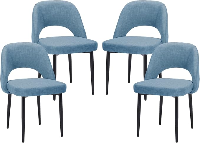 Modern Dining Chairs, Fabric Upholstered Accent Kitchen Chairs with Comfy Padded Seat & Sturdy Metal Legs, Side Farmhouse Chairs for Dining Room, Living Room, Restaurant (Blue, Set of 4)