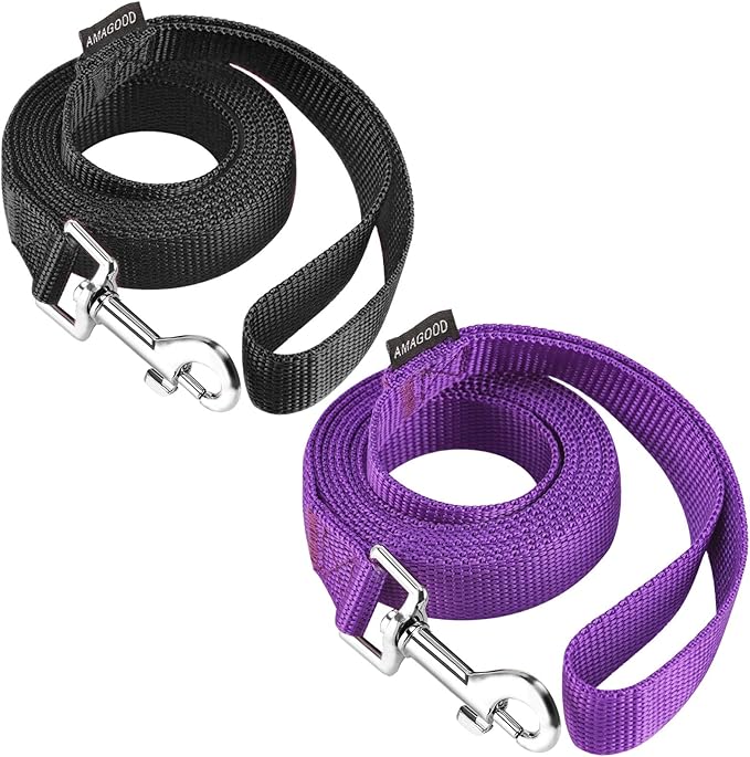 AMAGOOD 6 FT Puppy/Dog Leash, Strong and Durable Traditional Style Leash with Easy to Use Collar Hook, Great for Small, Medium and Large Dogs (3/4 in x 6 ft, Black and Purple (2-Pack))