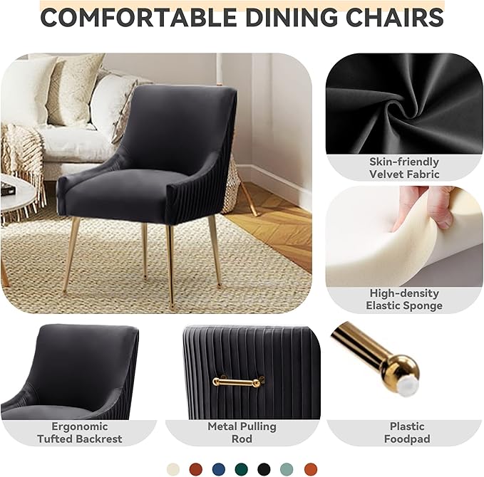 Dining Chairs, Accent Chairs Set of 2, Modern Upholstered Kitchen Dining Room Chairs with Gold Legs, Fabric Tufted Velvet Living Room Chairs for Reception Room Bedroom Guest Room (Black)