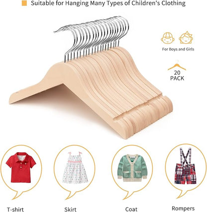 Nature Smile 20 Pack Unfinished/Natural Kids Baby Children Toddler Wooden Shirt Dress Coat Hangers with No Painting - 360°Stronger Anti-Rust Chrome Swivel Hook - Extra Smoothly Cut Notches