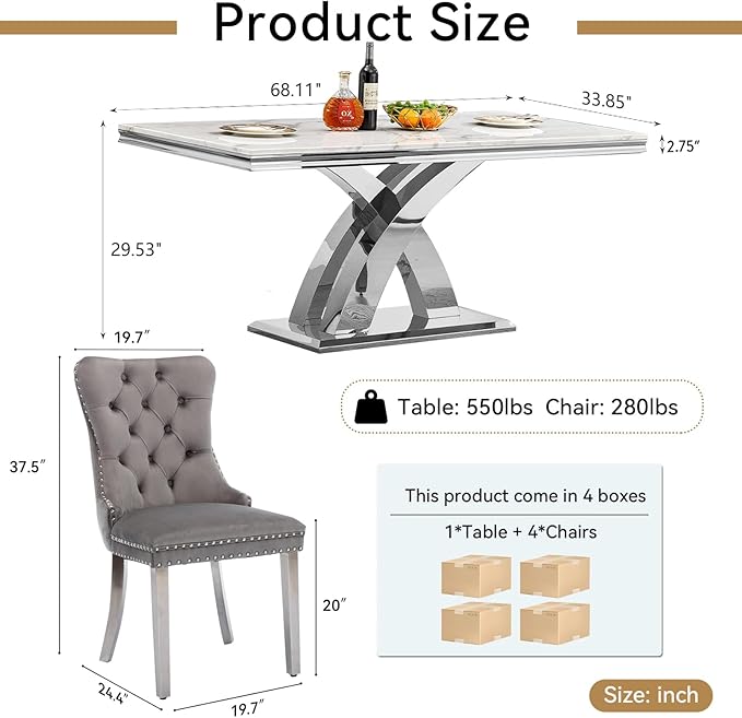 Modern White Marble Dining Table Set for 4,5-Piece Kitchen Table and Chairs for 4,Luxury Silver Dining Room Table Set w/68" Rectangle Dinner Table & 4 Grey Velvet Chairs for Kitchen Dining Room
