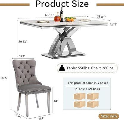 Goujxcy 5-Piece Dining Table Set Modern Faux Marble Dining Table Set for 4, Luxury 68" Long Faux Marble Kitchen Table with 4 Velvet Upholstered Chairs, Mirrored Stainless Steel Base