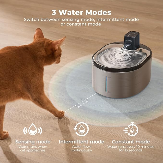 Wireless Cat Water Fountain Stainless Steel, 152oz/4.5L Cat Fountain Battery Operated, Cordless Pet Water Fountain for Cats & Dogs with Motion Sensor, Ultra Quiet Pump, Multi-Filtration