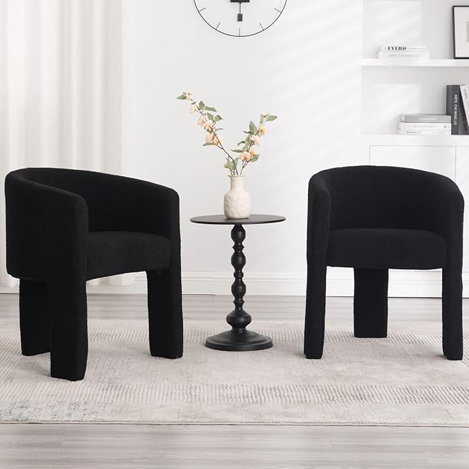 Modern Sherpa Barrel Dining Chairs Set of 2, Upholstered Boucle Dining Chairs Accent Chairs with Arms Comfy Makeup Vanity Chairs, Dining Living Room Kitchen Chairs, Black