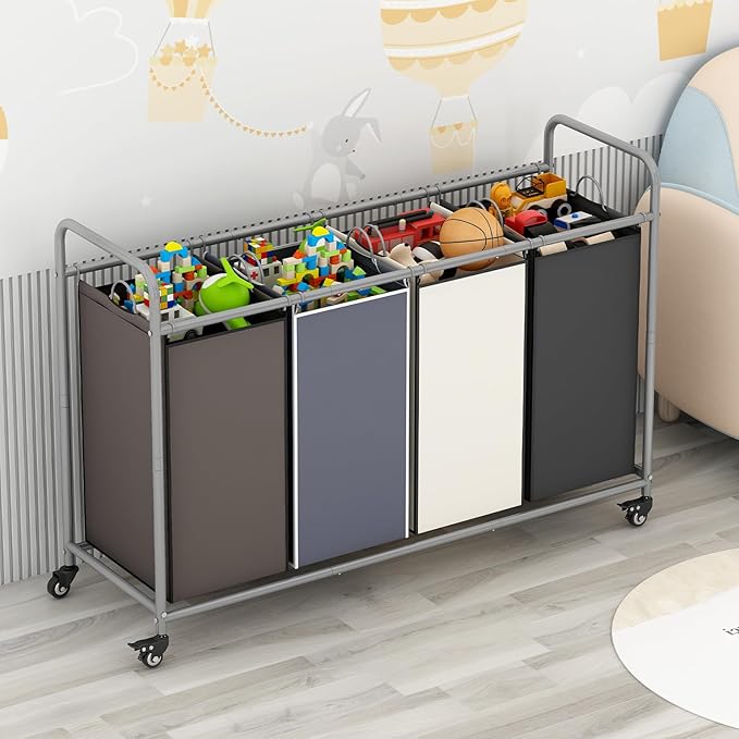Laundry Sorter 4 Section Hamper Sorter with Heavy Duty Lockable Rolling Wheels Removable Bags Basket Separator for Dirty Clothes Storage, Assorted