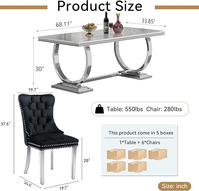 Goujxcy 68" Faux Marble Dining Table Set for 6, 7-Piece Dining Set with White Silver Kitchen Table and 6 Velvet Tufted Chairs, Modern Rectangular Dining Room Table with O-Shape Stainless Steel Base