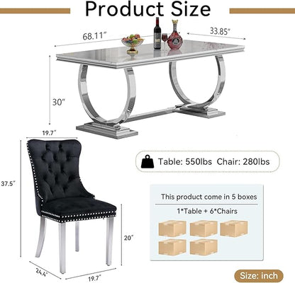 Goujxcy 68" Faux Marble Dining Table Set for 6, 7-Piece Dining Set with White Silver Kitchen Table and 6 Velvet Tufted Chairs, Modern Rectangular Dining Room Table with O-Shape Stainless Steel Base