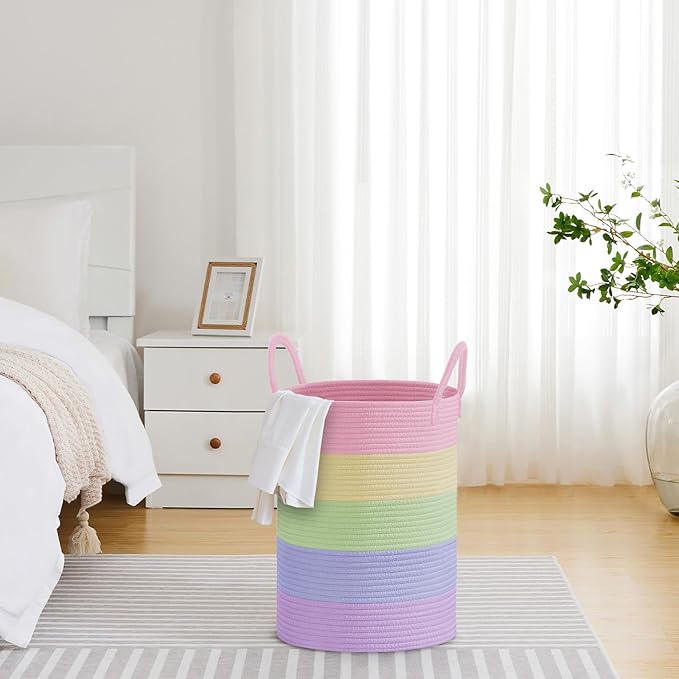 VIPOSCO Large Laundry Hamper, Tall Woven Rope Storage Basket for Blanket, Toys, Dirty Clothes in Living Room, Bathroom, Bedroom - 58L Rainbow
