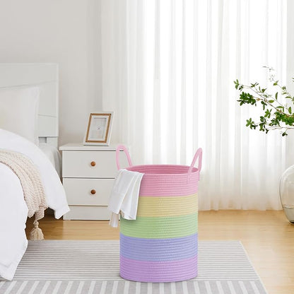 VIPOSCO Large Laundry Hamper, Tall Woven Rope Storage Basket for Blanket, Toys, Dirty Clothes in Living Room, Bathroom, Bedroom - 58L Rainbow