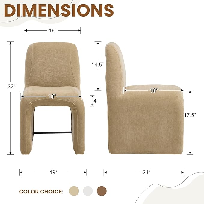 Khaki Upholstered Chenille Dining Chairs Set of 4, Mid Century Modern Dining Room Chairs with Deep Seat & Curved Back, Armless Side Chair Comfy Kitchen Chairs for Living Room/Kitchen