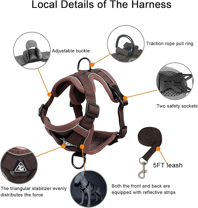 SOLMOONY Small Dog Harness,Soft Mesh Puppy Harness and Leash Set,No Escape Cat Harnesses for Training Walking,Reflective Adjustable Puppy Vest for Small Medium Dogs, Cats (Brown, XL)