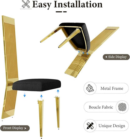 Dining Chairs Set of 2, Black and Gold Dining Room Chairs, Upholstered Dining Chairs with Polished Metal Legs and High Back
