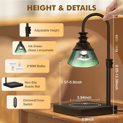 Uflatek Candle Warmer Lamp with Timer DarkGreen, Adjustable Height Dimmable Lamp with 2 Bulbs,Vintage Home Decor, Housewarming Birthday Gifts for Women Mom