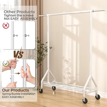 Heavy Duty Clothes Rack Load 450 LBS, Metal Garment Rack, Standing Rolling Clothing Rack for Hanging Clothes with Sturdy Wheels & Shelves, Portable Closet Wardrobe Rack,White