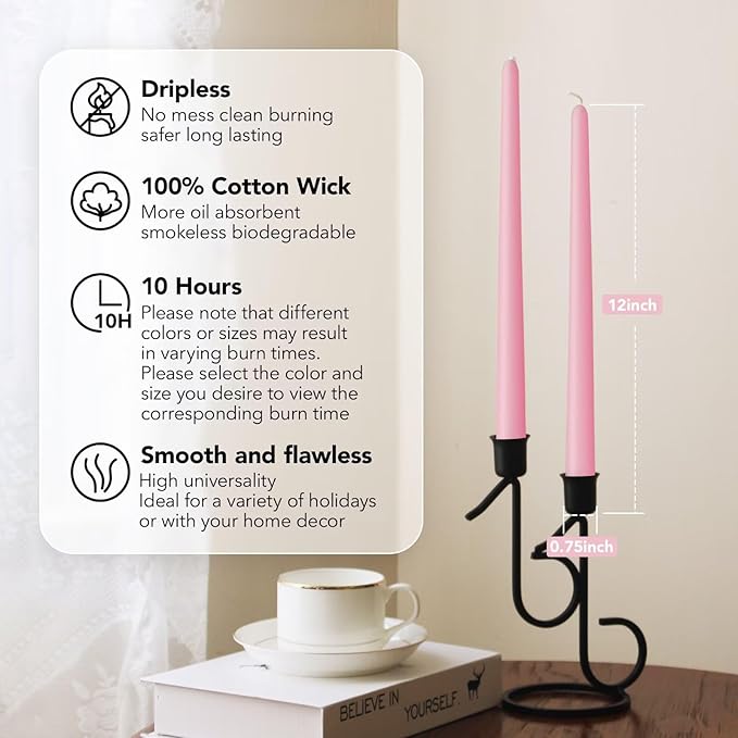 New Burning Formula Unscented Dripless 12-Inch Taper Candles Set of 12 - Pink, for Wedding, Dinner - Smokeless, Long Burning - Hand Poured, Colored Tall Candlesticks - Rosa