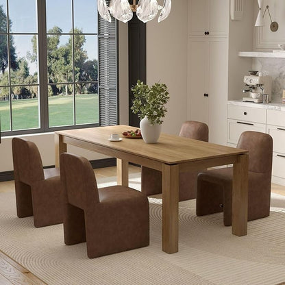 Brown Upholstered Leather Dining Chairs Set of 2, Mid Century Modern Dining Room Chairs with Deep Seat & Curved Back, Armless Side Chair Comfy Kitchen Chairs for Living Room/Kitchen