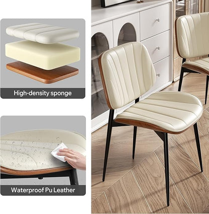 Dining Chair, Mid Century Modern Dining Room Chairs, Upholstered Faux Leather Kitchen Chairs with Walnut Bentwood Back and Metal Legs for Kitchen Dining Room Living Room, Beige