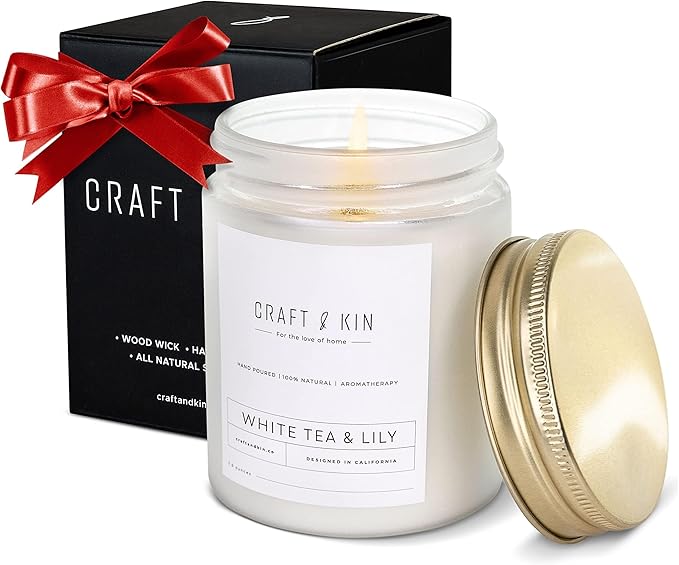 Craft & Kin White Tea & Lily Christmas Scented Candle | 8 Oz 45 Hour Long Lasting | Classic Soy Scented Woodwick Holiday Candles | Made with Natural Soy | Winter Candles Gifts for Men and Women