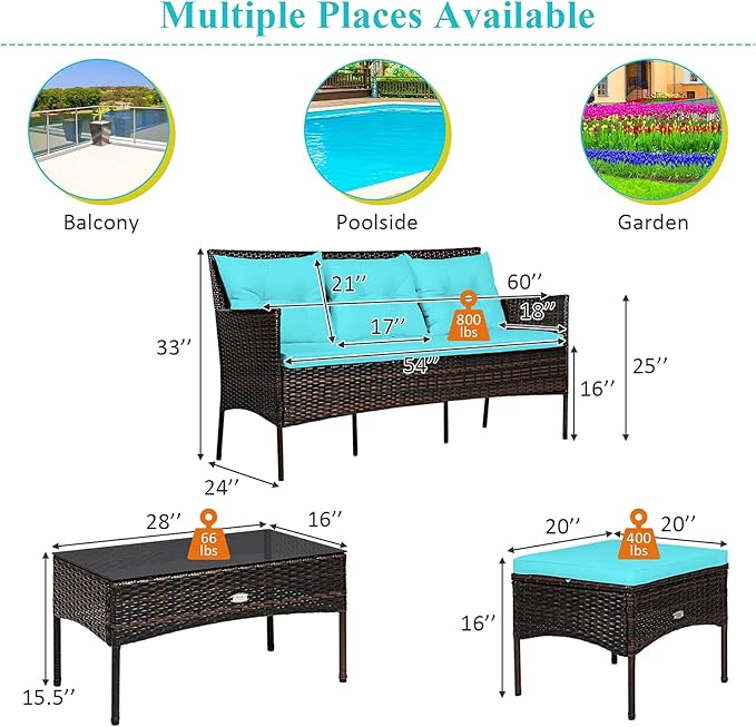 Tangkula 3 Pieces Patio Conversation Set, Outdoor PE Rattan Wicker Furniture Set W/Cozy Cushions, All Weather Sectional Sofa Set W/Tempered Glass Coffee Table for Poolside, Backyard, Garden