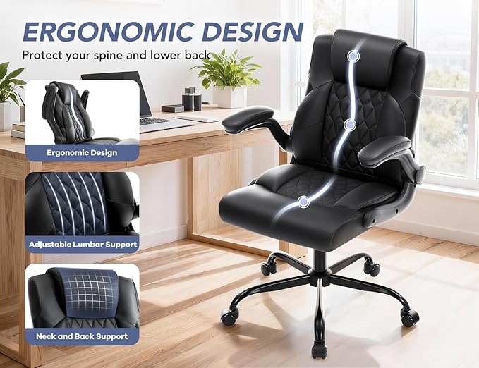 Office Chair with Adjustable Lumbar Support,Leather Ergonomic Computer Desk Chair with Flip-up Arms,Adjustable Tilt Lock,Swivel Rolling Executive PC Chair for Work, Study,Meeting,Small Space.Black