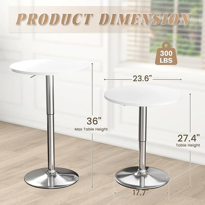 Shahoo Round Bar Table, Adjustable Height and 360° Swivel Bistro Pub Table, Cooktail Table for Bar, Bistro, Dining Room, White with Silver Base