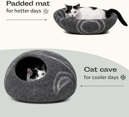 MEOWFIA Cat Cave – Premium Felt Cat Bed for Indoor Cats, Handmade 100% Merino Wool (Large, Dark Grey)