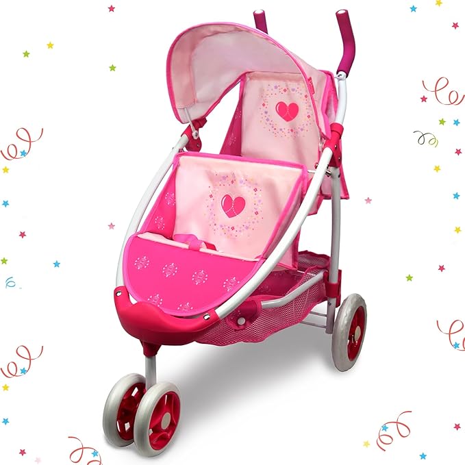 ANIVIA Twin Doll Stroller Heart Design, 1:1 Foldable Double Doll Pram, Suitable for Ages 3+, Dolls Up to 36cm, Pink, DA601T Black