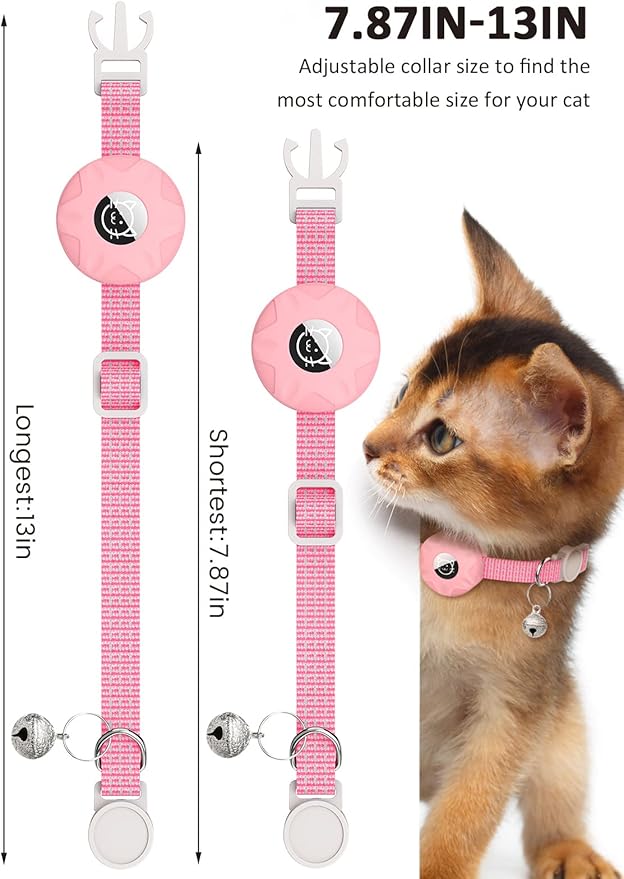 Apple AirTag Cat Collar, GPS Tracker Kitten Collar with Reflective Breakaway Holder and Bell, Lightweight for Cats & Kittens (Pink)