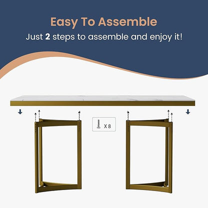 POVISON Marble Dining Table for 6, Modern Dining Room Table 71" for Kitchen & Dining Room, Luxury White Marble Table Top with Gold Trestle Pedestal(Dining Table Only)