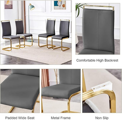 Dining Table Set of 4,51" Rectangle Tempered Glass Top with Golden Chrome Legs,Kitchen Room Table with 4 Grey Faux Leather Chairs,Dinner Table Set for Dining Room Office